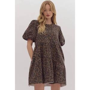 NEW ENTRO leopard denim mini dress in brown